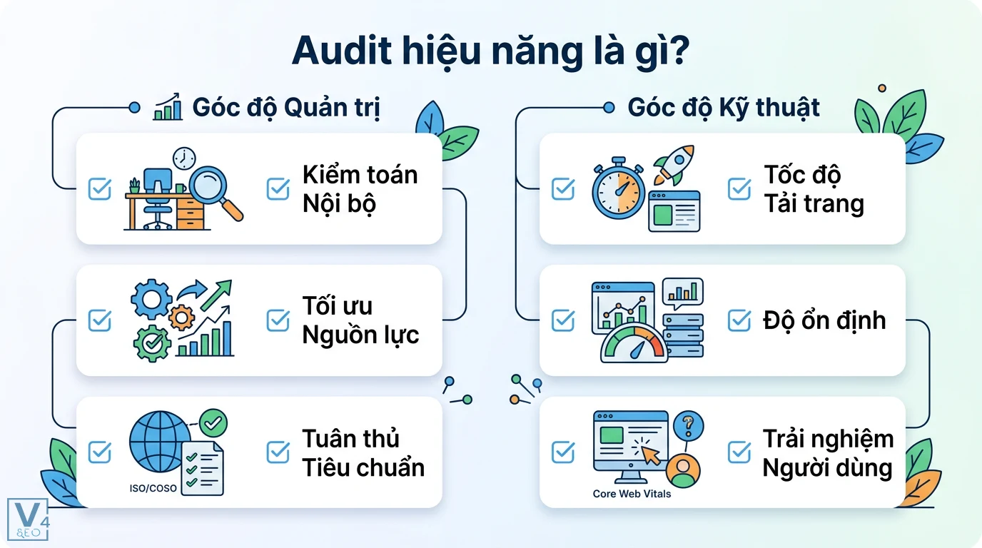 Audit hiệu năng là gì? Hướng dẫn tối ưu hiệu suất và KPI chuẩn 1 Audit hiệu năng gồm quản trị doanh nghiệp qua kiểm toán nội bộ, tối ưu nguồn lực và kỹ thuật website về tốc độ tải trang, Core Web Vitals