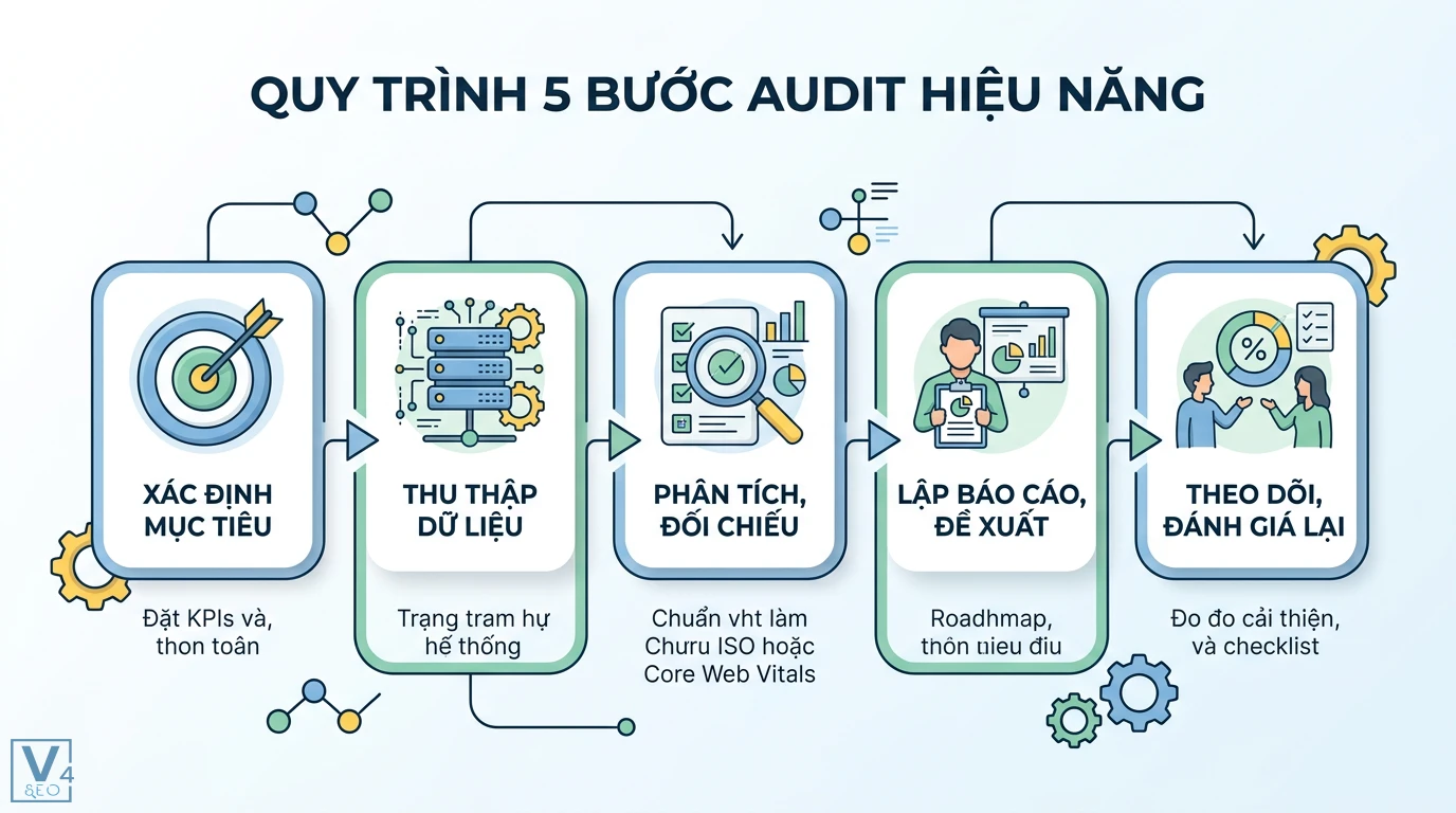Audit hiệu năng là gì? Hướng dẫn tối ưu hiệu suất và KPI chuẩn 2 Quy trình 5 bước audit hiệu năng gồm xác định mục tiêu, thu thập dữ liệu, phân tích Core Web Vitals, lập báo cáo và theo dõi đánh giá lại