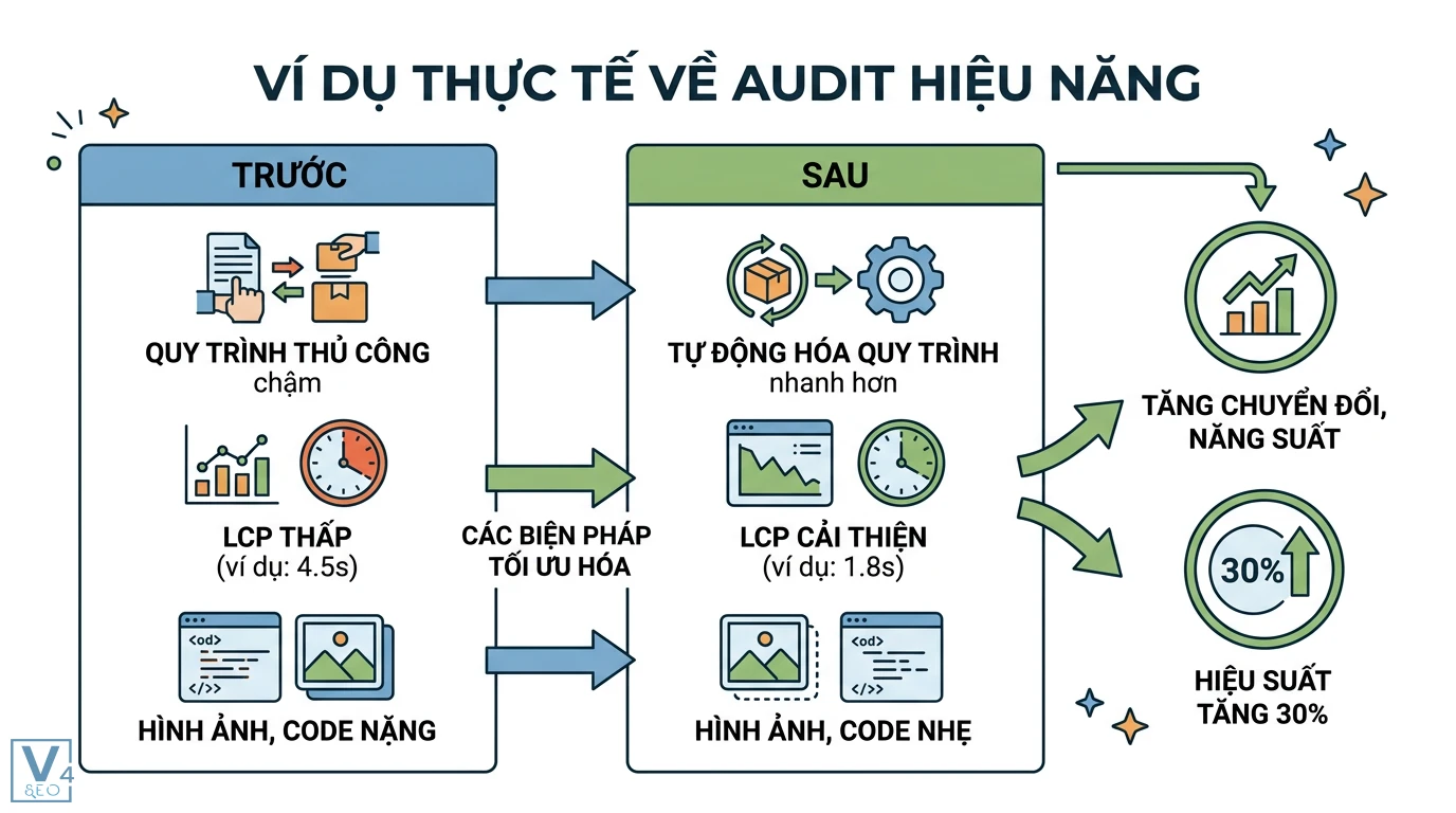 Audit hiệu năng là gì? Hướng dẫn tối ưu hiệu suất và KPI chuẩn 3 Audit hiệu năng cải thiện chỉ số LCP từ 4.5s xuống 1.8s và tự động hóa quy trình giúp tăng 30% hiệu suất vận hành cùng tỷ lệ chuyển đổi