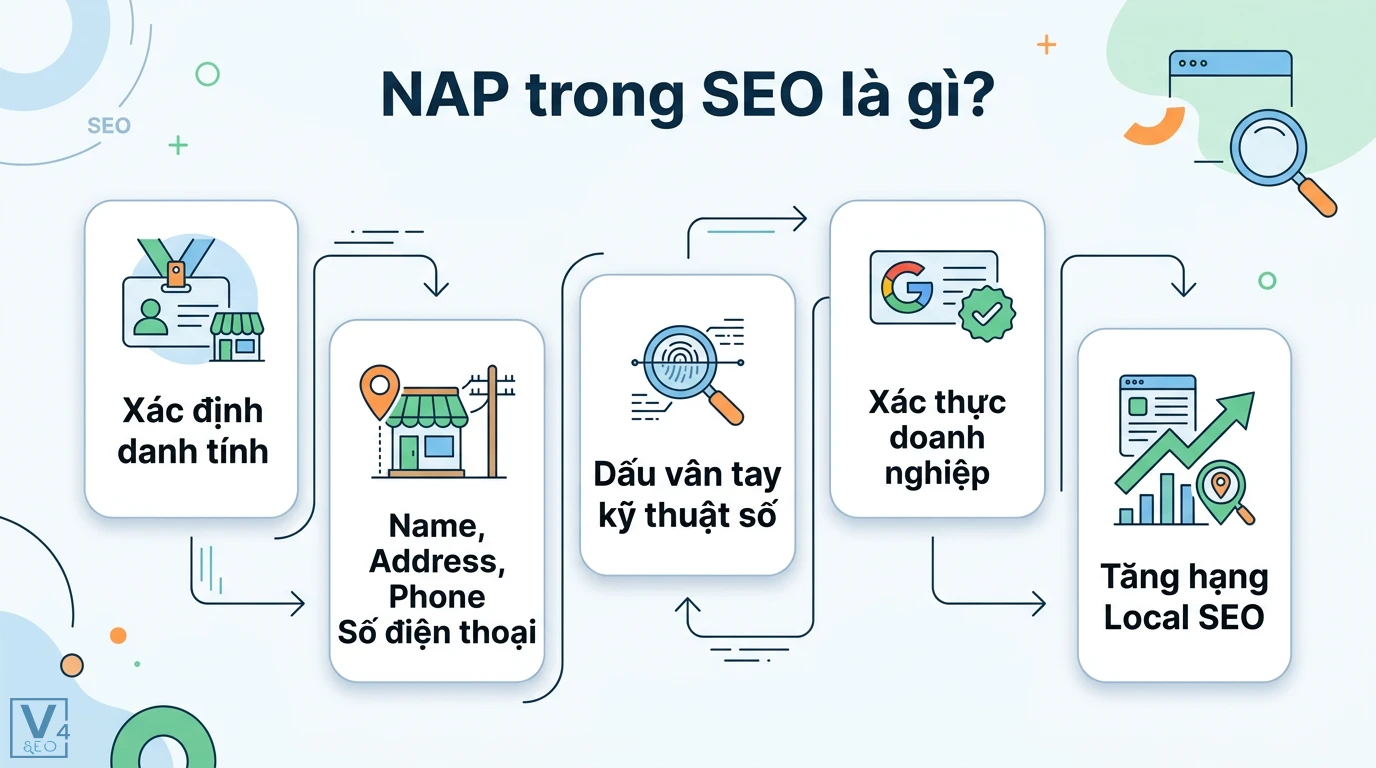 Audit NAP là gì? Quy trình chuẩn hóa thông tin cho Local SEO 1 NAP trong SEO giúp xác định danh tính qua Name Address Phone và dấu vân tay kỹ thuật số để xác thực doanh nghiệp và tăng hạng Local SEO