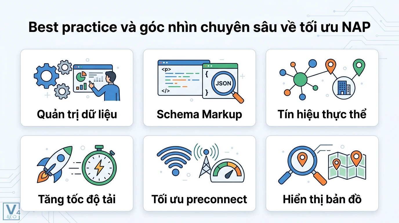 Audit NAP là gì? Quy trình chuẩn hóa thông tin cho Local SEO 3 Tối ưu NAP nâng cao qua quản trị dữ liệu, Schema Markup, tín hiệu thực thể, tăng tốc độ tải trang, tối ưu preconnect và hiển thị bản đồ