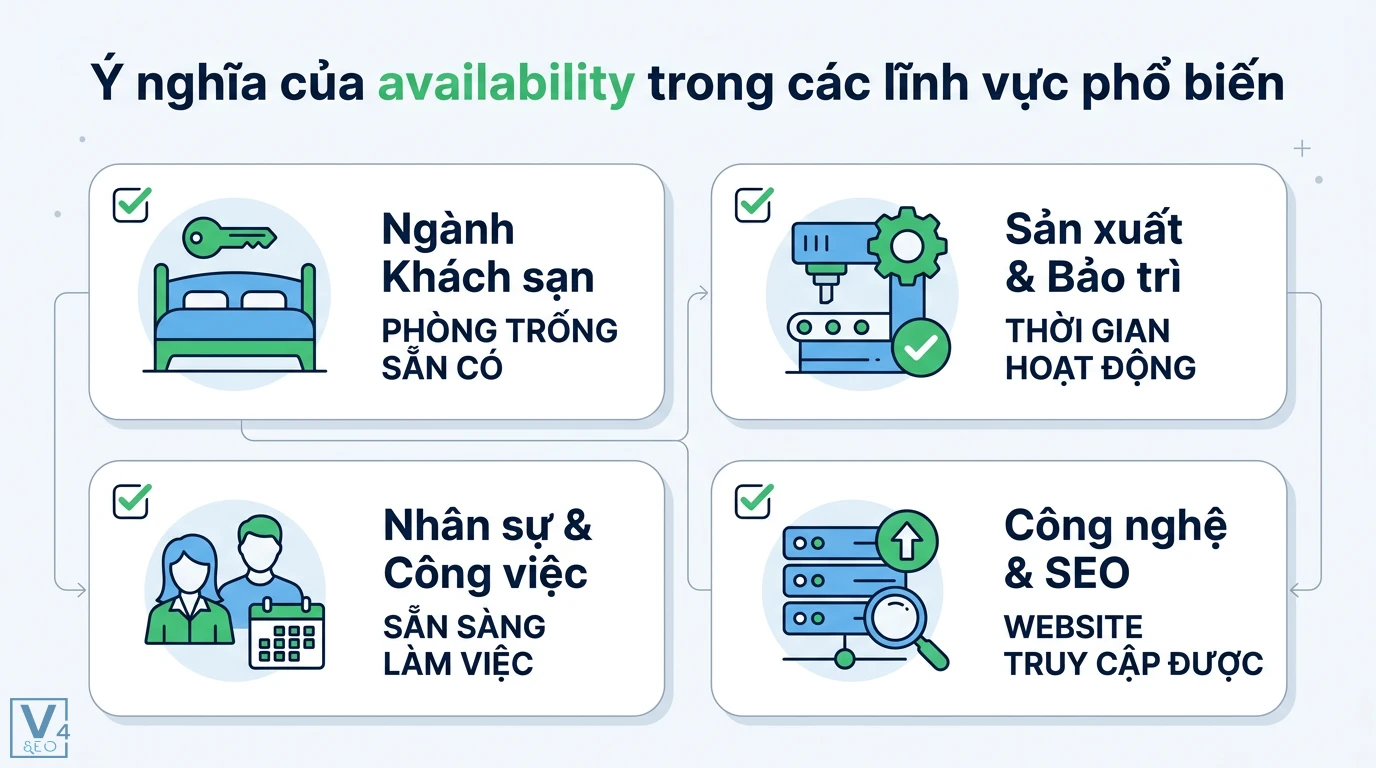 Availability là gì? Giải mã tính sẵn sàng trong đa dạng ngành nghề 1 Availability trong khách sạn là phòng trống, bảo trì là thời gian hoạt động, nhân sự sẵn sàng làm việc và website truy cập được trong SEO
