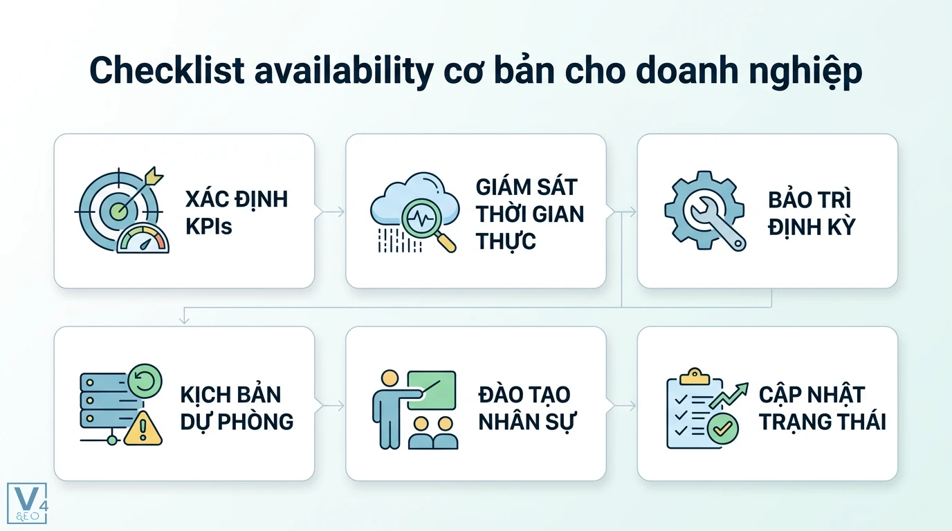Availability là gì? Giải mã tính sẵn sàng trong đa dạng ngành nghề 3 Checklist availability cho doanh nghiệp gồm xác định KPIs, giám sát thời gian thực, bảo trì định kỳ, dự phòng, đào tạo và cập nhật trạng thái