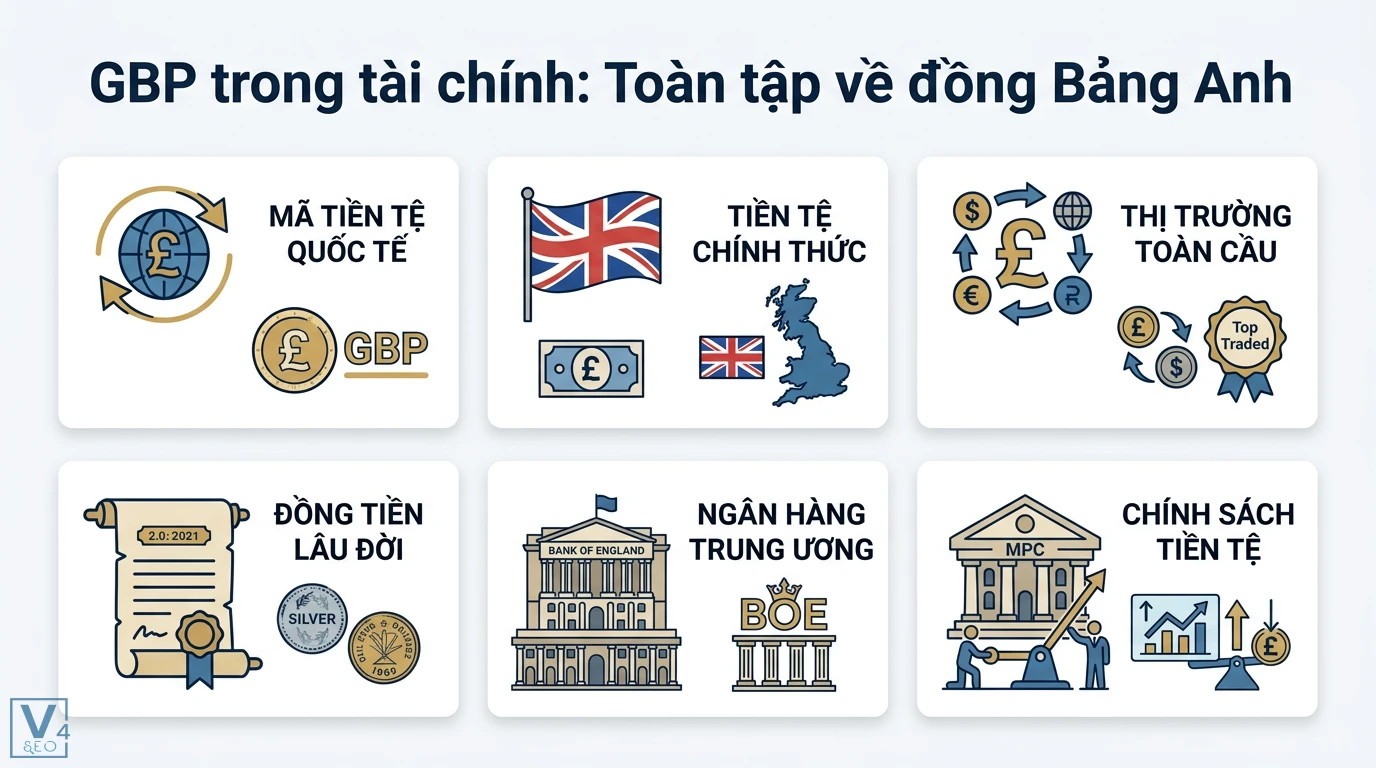 Bài đăng GBP là gì? Toàn tập về đồng Bảng Anh (Great British Pound) 2 Đồng Bảng Anh GBP gồm mã tiền tệ quốc tế, lịch sử lâu đời và vai trò điều hành chính sách tiền tệ của Bank of England cùng ủy ban MPC
