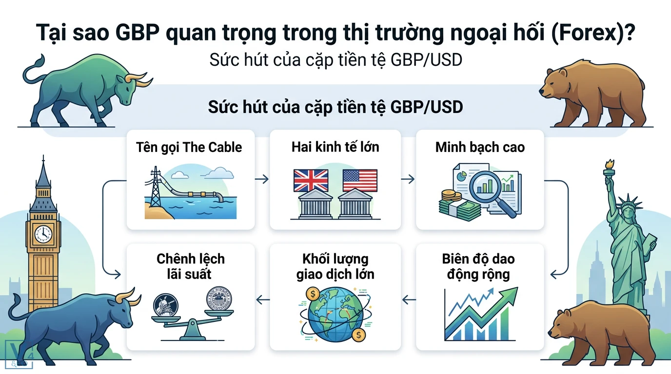 Bài đăng GBP là gì? Toàn tập về đồng Bảng Anh (Great British Pound) 3 Sức hút cặp tiền tệ GBP/USD qua tên gọi The Cable tính minh bạch cao chênh lệch lãi suất khối lượng giao dịch lớn và biên độ dao động rộng