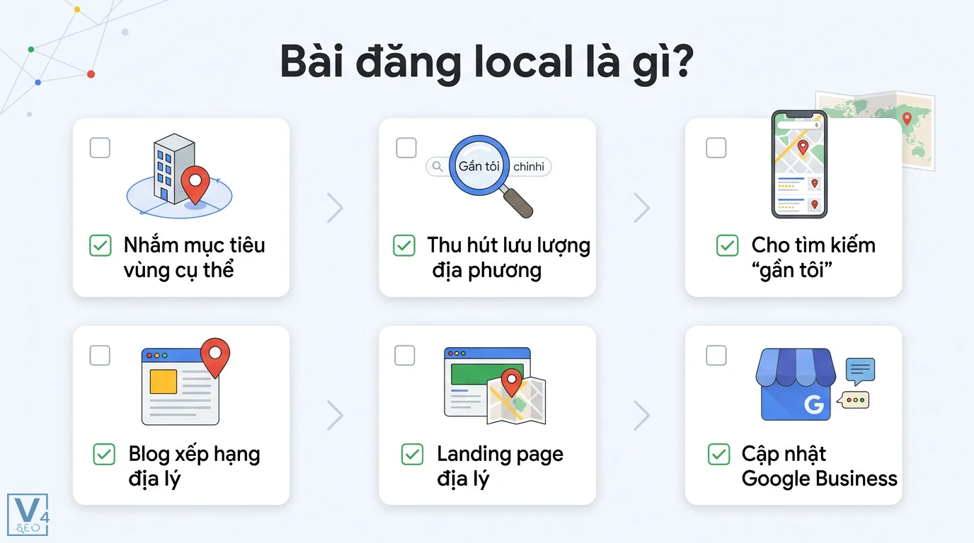 Bài đăng local là gì? Cách viết nội dung chuẩn SEO địa phương 1 Bài đăng local nhắm mục tiêu vùng cụ thể, thu hút lưu lượng địa phương qua tìm kiếm gần tôi, blog, landing page và cập nhật Google Business