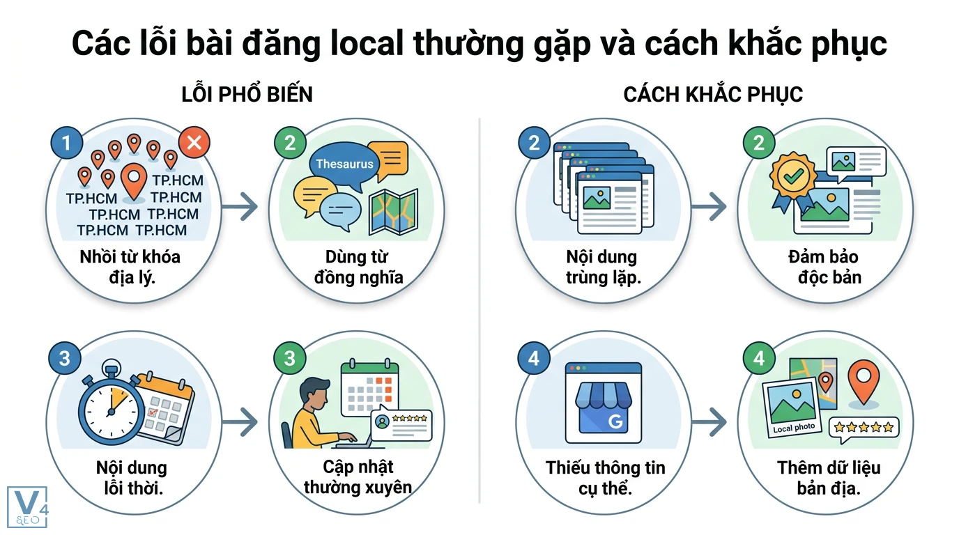 Bài đăng local là gì? Cách viết nội dung chuẩn SEO địa phương 3 Các lỗi bài đăng local thường gặp và cách khắc phục bằng nội dung độc bản, từ đồng nghĩa và cập nhật dữ liệu bản địa thường xuyên