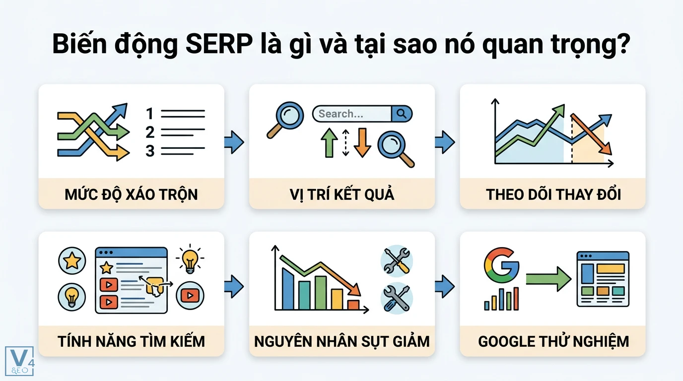 Biến động SERP là gì? Giải mã nguyên nhân và cách theo dõi hiệu quả 1 Biến động SERP phản ánh mức độ xáo trộn vị trí, tính năng tìm kiếm và theo dõi thay đổi để biết nguyên nhân sụt giảm do Google thử nghiệm