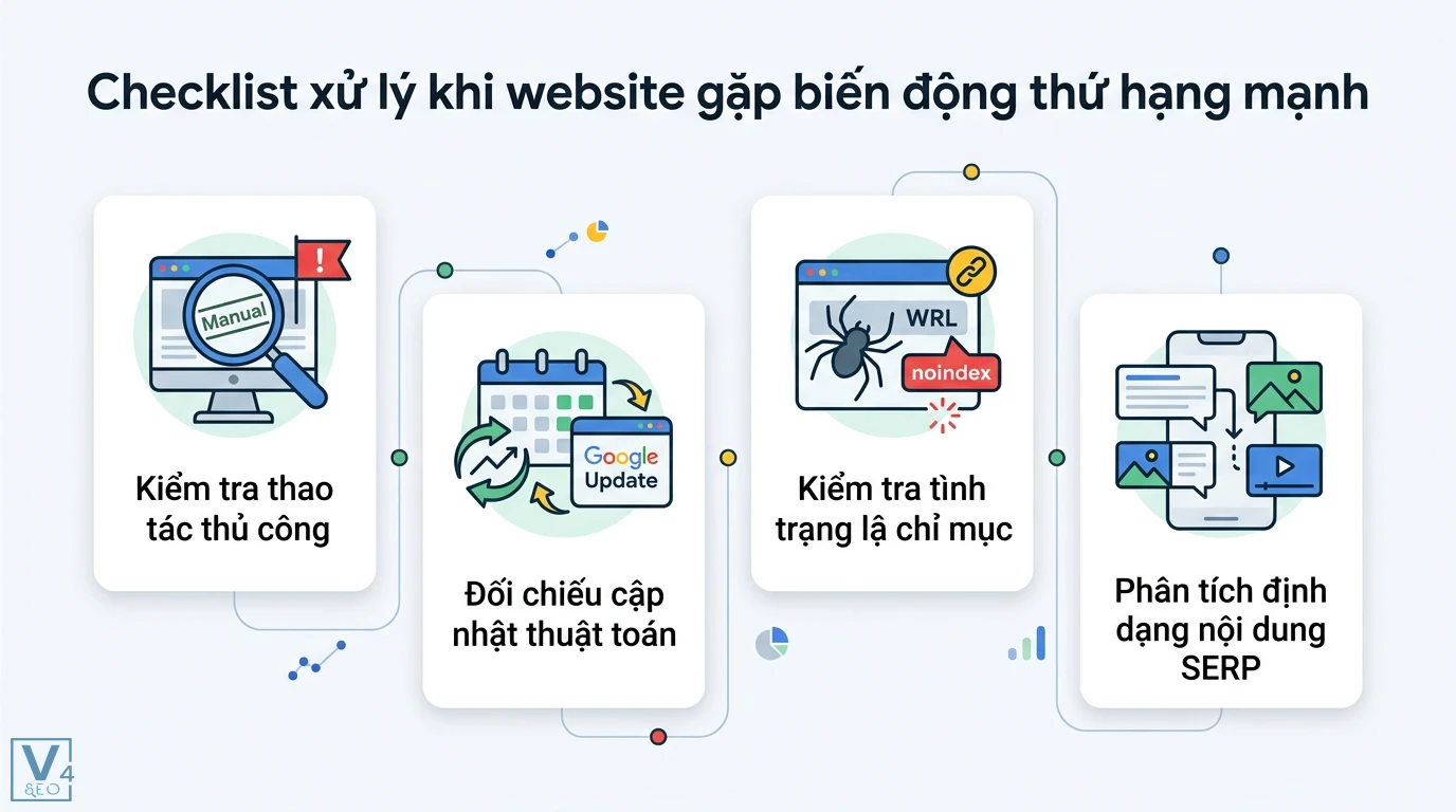 Biến động SERP là gì? Giải mã nguyên nhân và cách theo dõi hiệu quả 3 Checklist xử lý website rớt hạng qua kiểm tra thao tác thủ công, thuật toán Google, tình trạng lập chỉ mục và phân tích nội dung SERP