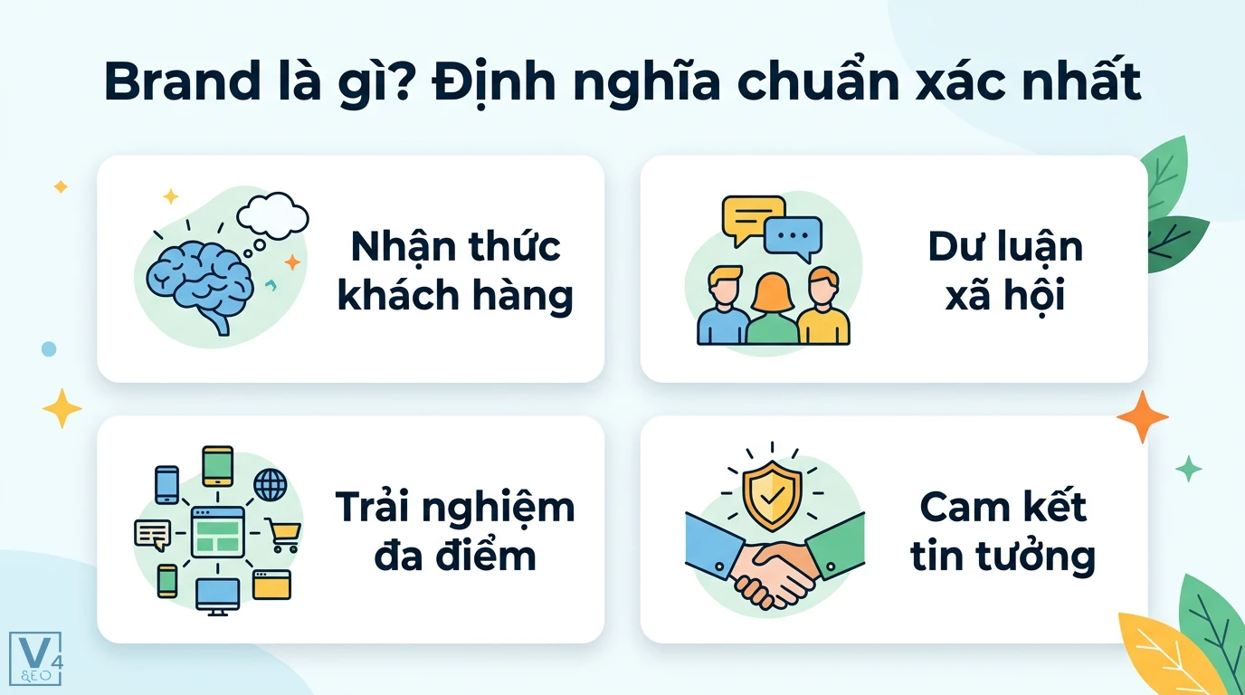 Brand là gì? Cẩm nang xây dựng thương hiệu số và định vị thực tế 1 Brand là sự kết hợp giữa nhận thức khách hàng, dư luận xã hội, trải nghiệm đa điểm và cam kết tin tưởng để khẳng định giá trị thương hiệu