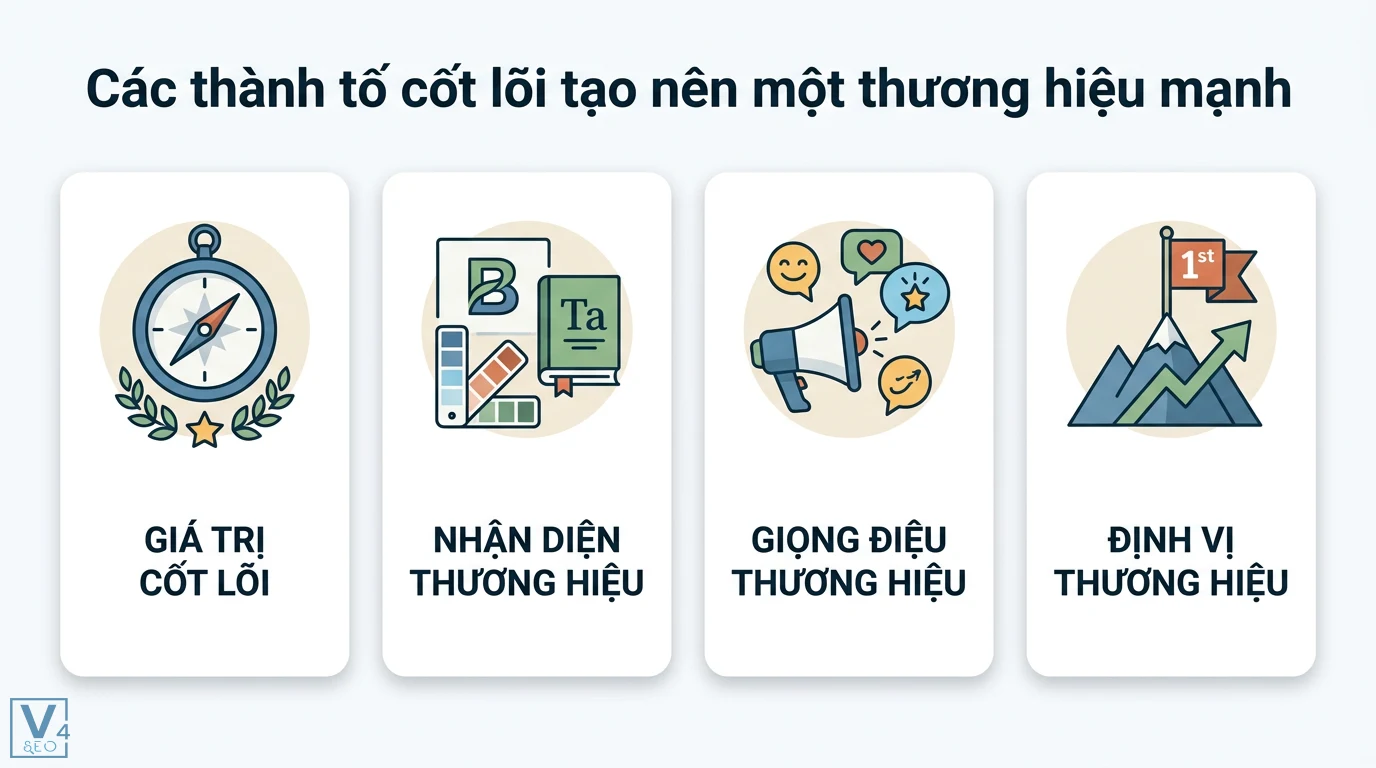 Brand là gì? Cẩm nang xây dựng thương hiệu số và định vị thực tế 2 Các thành tố cốt lõi tạo nên thương hiệu mạnh bao gồm giá trị cốt lõi, nhận diện thương hiệu, giọng điệu thương hiệu và định vị thương hiệu