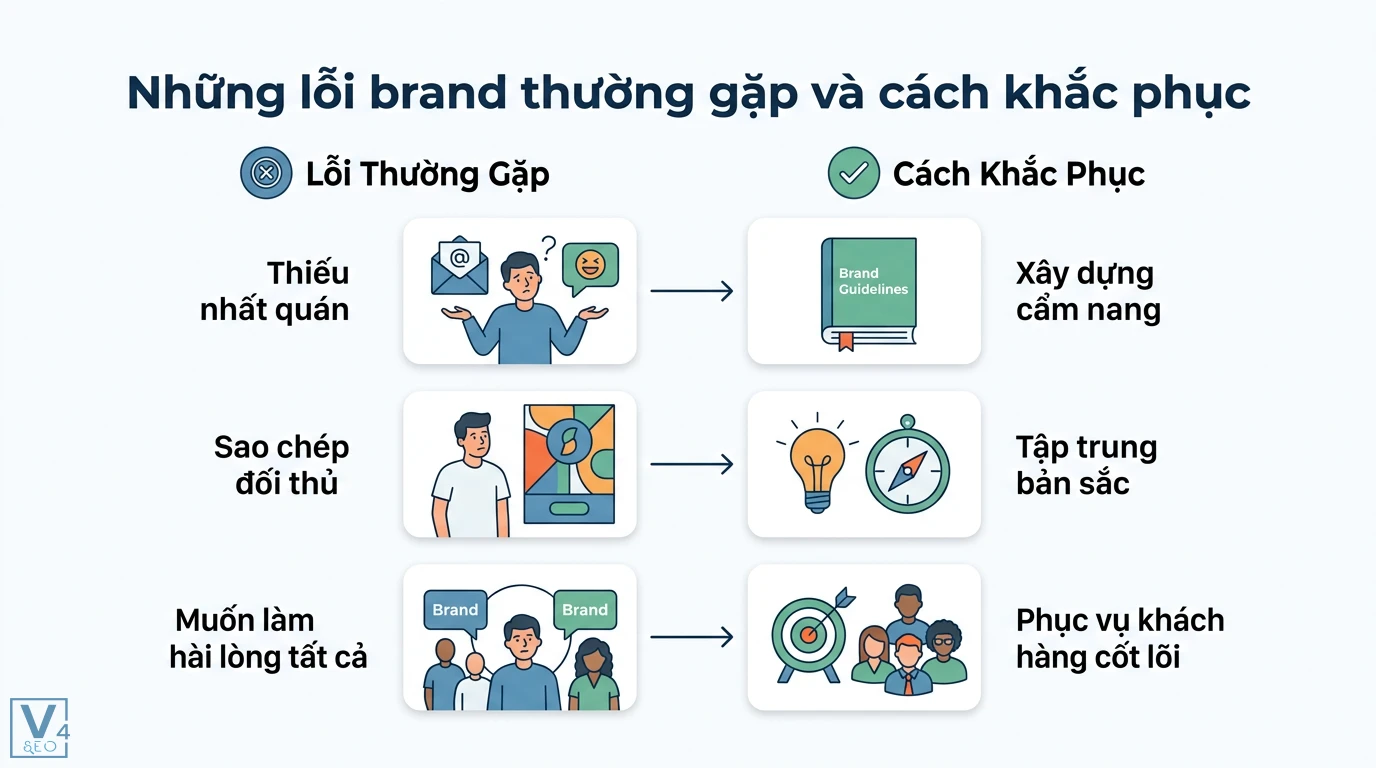 Brand là gì? Cẩm nang xây dựng thương hiệu số và định vị thực tế 3 Những lỗi brand thường gặp và cách khắc phục qua Brand Guidelines, tập trung bản sắc thương hiệu và phục vụ tệp khách hàng cốt lõi