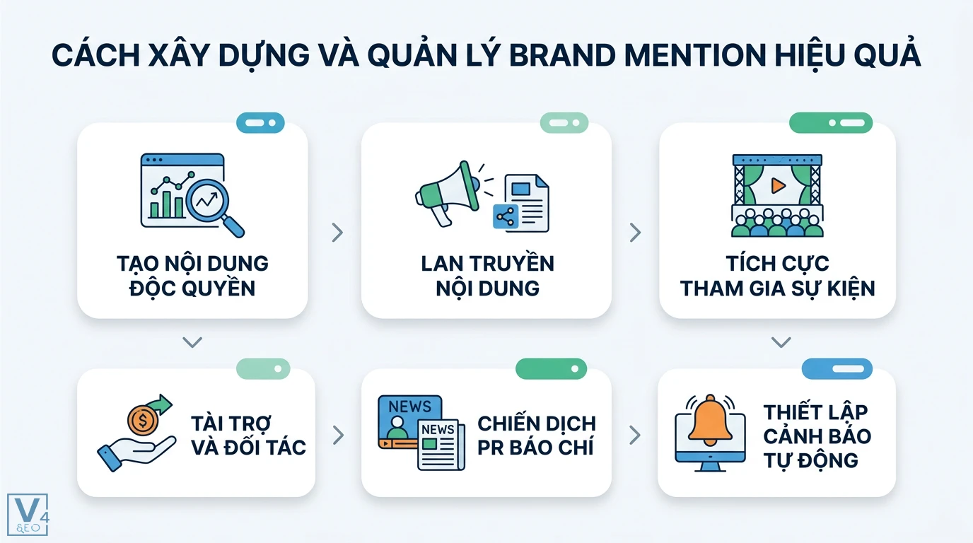 Brand mention chưa link là gì? Tín hiệu Entity mới cho SEO và GEO 2 Các bước xây dựng brand mention gồm tạo nội dung độc quyền, lan truyền, tham gia sự kiện, tài trợ, PR báo chí và thiết lập cảnh báo tự động