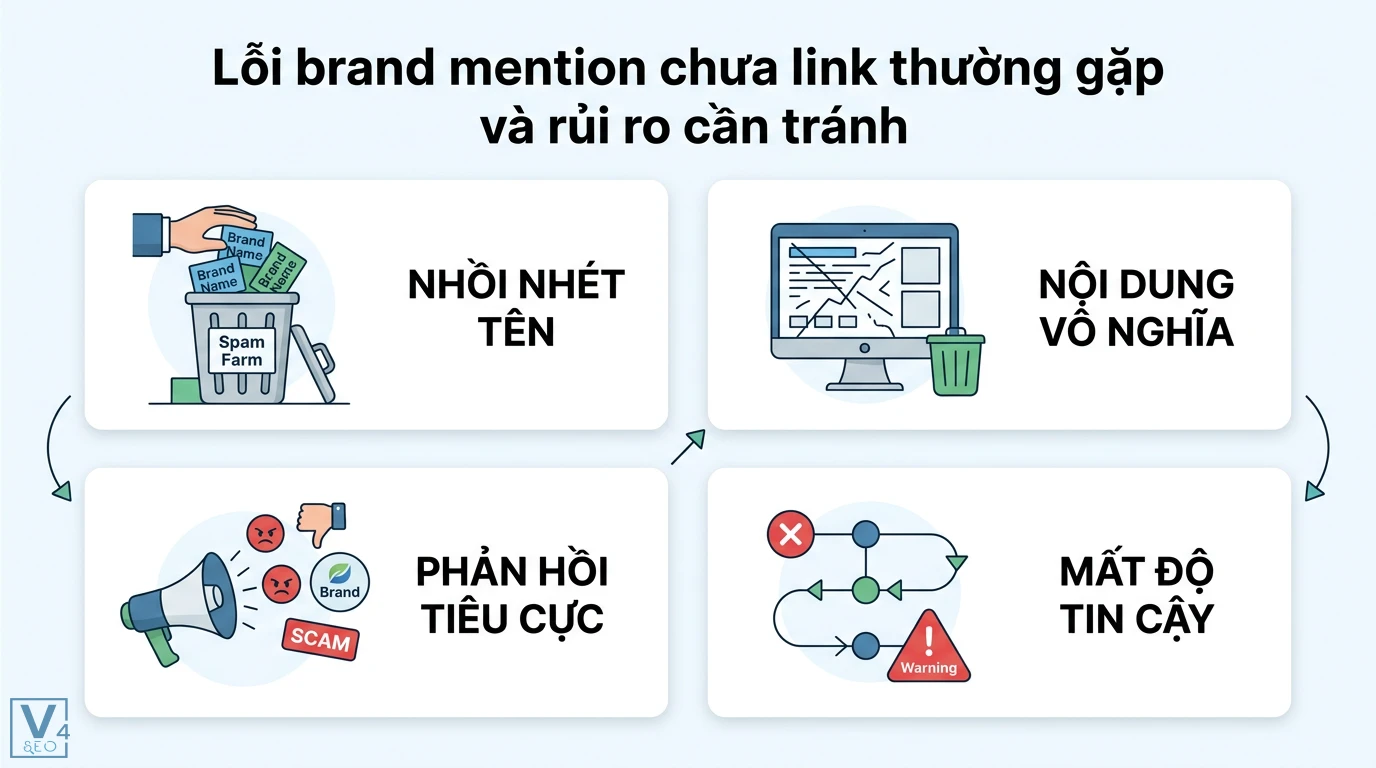 Brand mention chưa link là gì? Tín hiệu Entity mới cho SEO và GEO 3 Lỗi brand mention chưa link gồm nhồi nhét tên, nội dung vô nghĩa và phản hồi tiêu cực dẫn đến rủi ro mất độ tin cậy cho thương hiệu