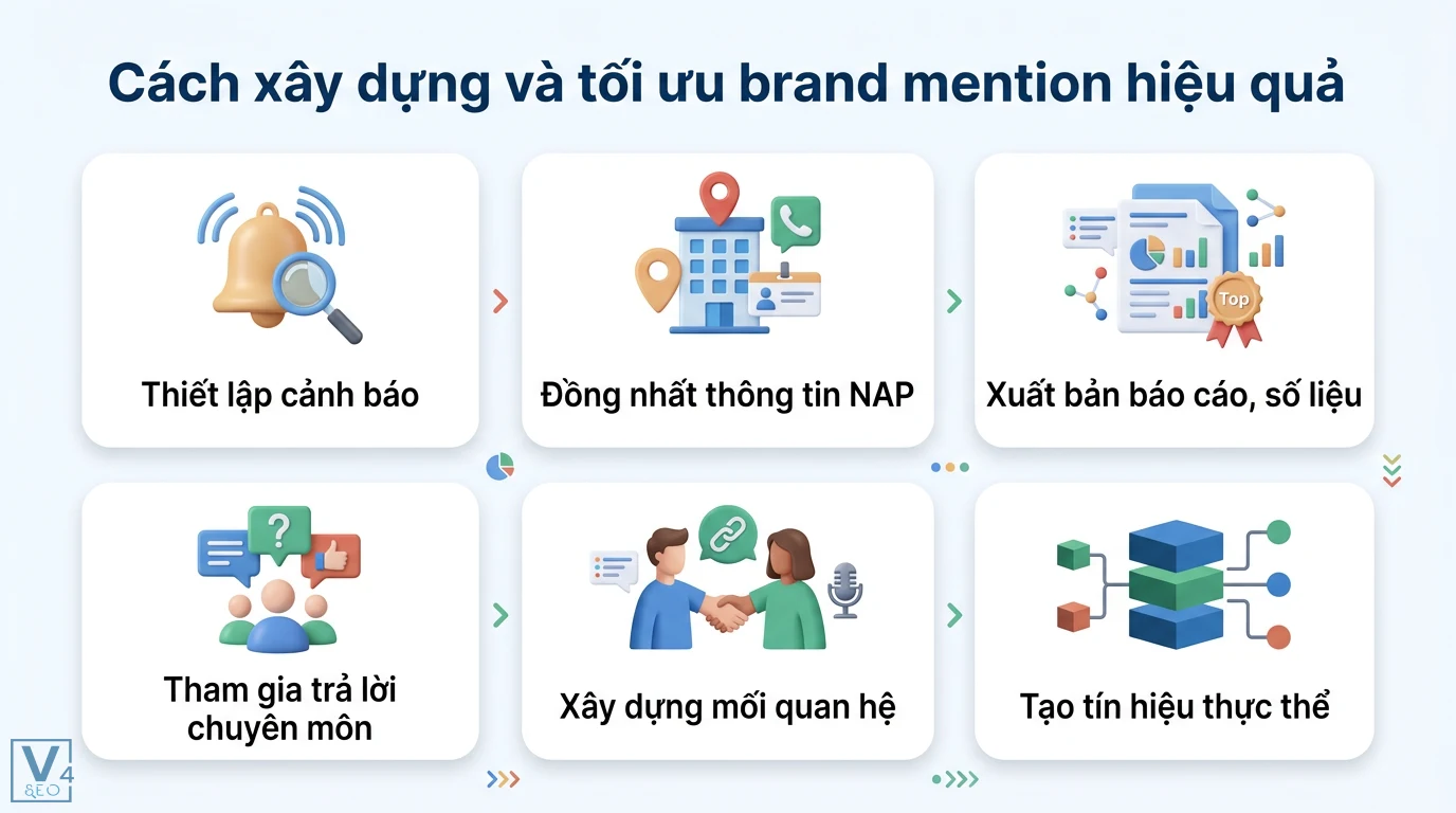 Brand mentions là gì? Cách tối ưu Entity SEO và GEO hiệu quả 2 Cách xây dựng và tối ưu brand mention hiệu quả qua thiết lập cảnh báo, đồng nhất thông tin NAP và tạo tín hiệu thực thể
