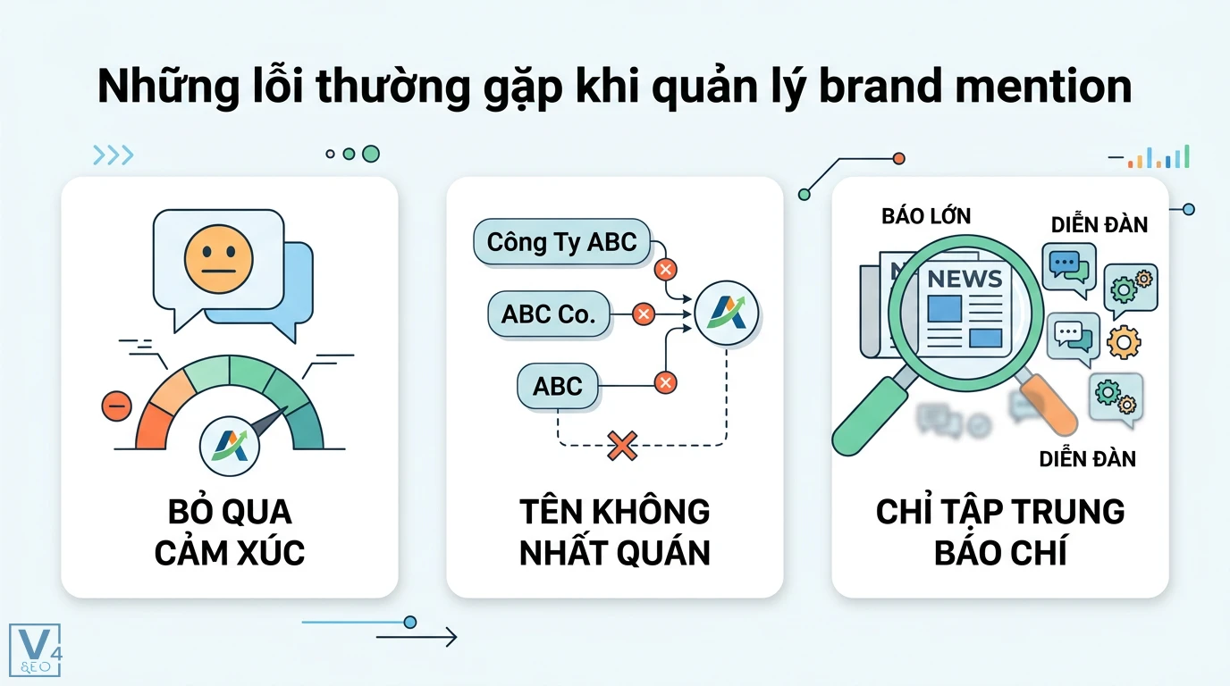 Brand mentions là gì? Cách tối ưu Entity SEO và GEO hiệu quả 3 Lỗi quản lý brand mention như bỏ qua phân tích cảm xúc, tên thương hiệu không nhất quán và chỉ tập trung báo chí mà bỏ qua cộng đồng ngách