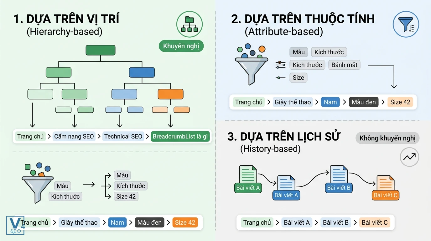 Phân loại breadcrumb phổ biến trên website Phân biệt 3 loại breadcrumb phổ biến trên website và mức độ khuyến nghị khi khai báo dữ liệu cấu trúc cho Google.