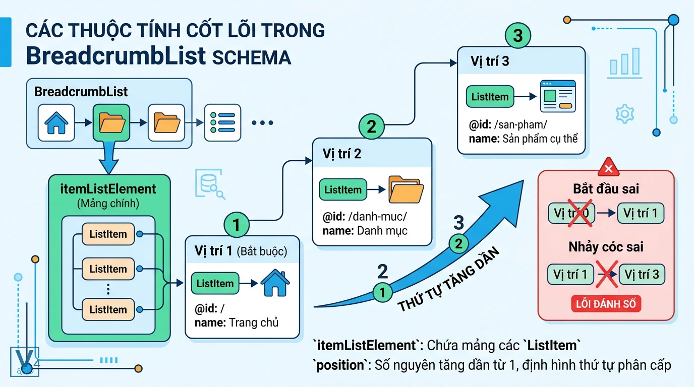 Thuộc tính cốt lõi trong BreadcrumbList schema Cách thiết lập thuộc tính itemListElement và position tăng dần từ 1 trong cấu trúc BreadcrumbList schema.
