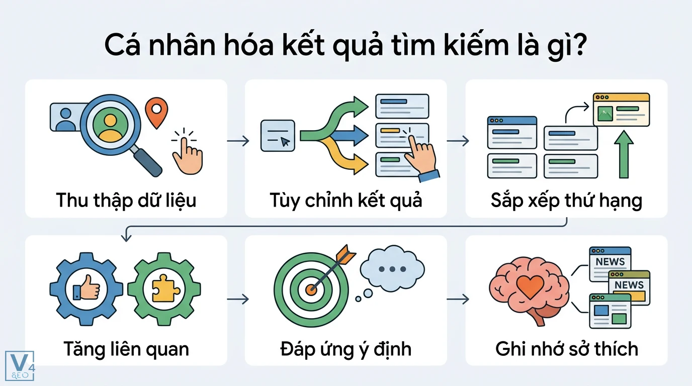 Cá nhân hóa kết quả tìm kiếm là gì? Phân biệt Google và Marketing 1 Cá nhân hóa kết quả tìm kiếm gồm thu thập dữ liệu, tùy chỉnh kết quả, sắp xếp thứ hạng, tăng liên quan, đáp ứng ý định và ghi nhớ sở thích