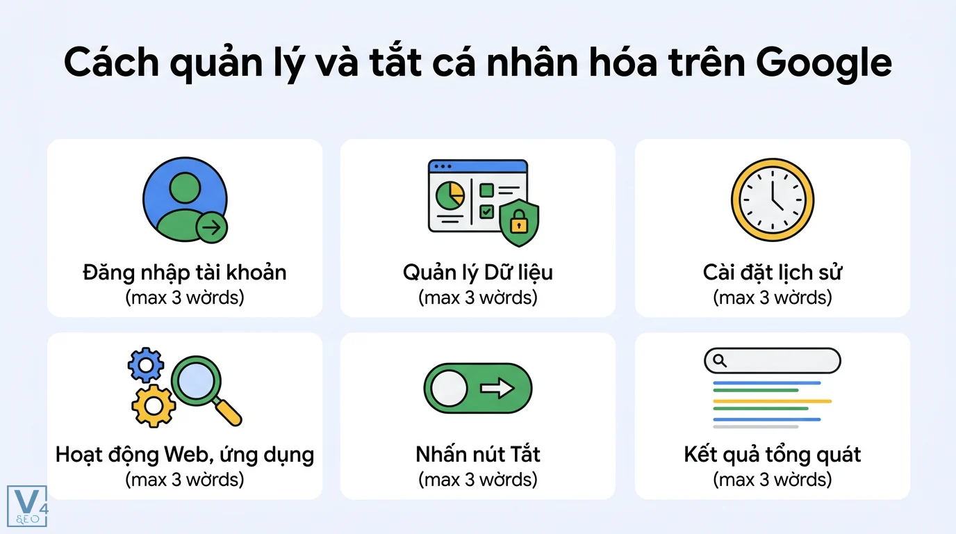 Cá nhân hóa kết quả tìm kiếm là gì? Phân biệt Google và Marketing 3 Cách quản lý và tắt cá nhân hóa trên Google qua đăng nhập, quản lý dữ liệu, cài đặt lịch sử và hoạt động web để nhận kết quả tổng quát