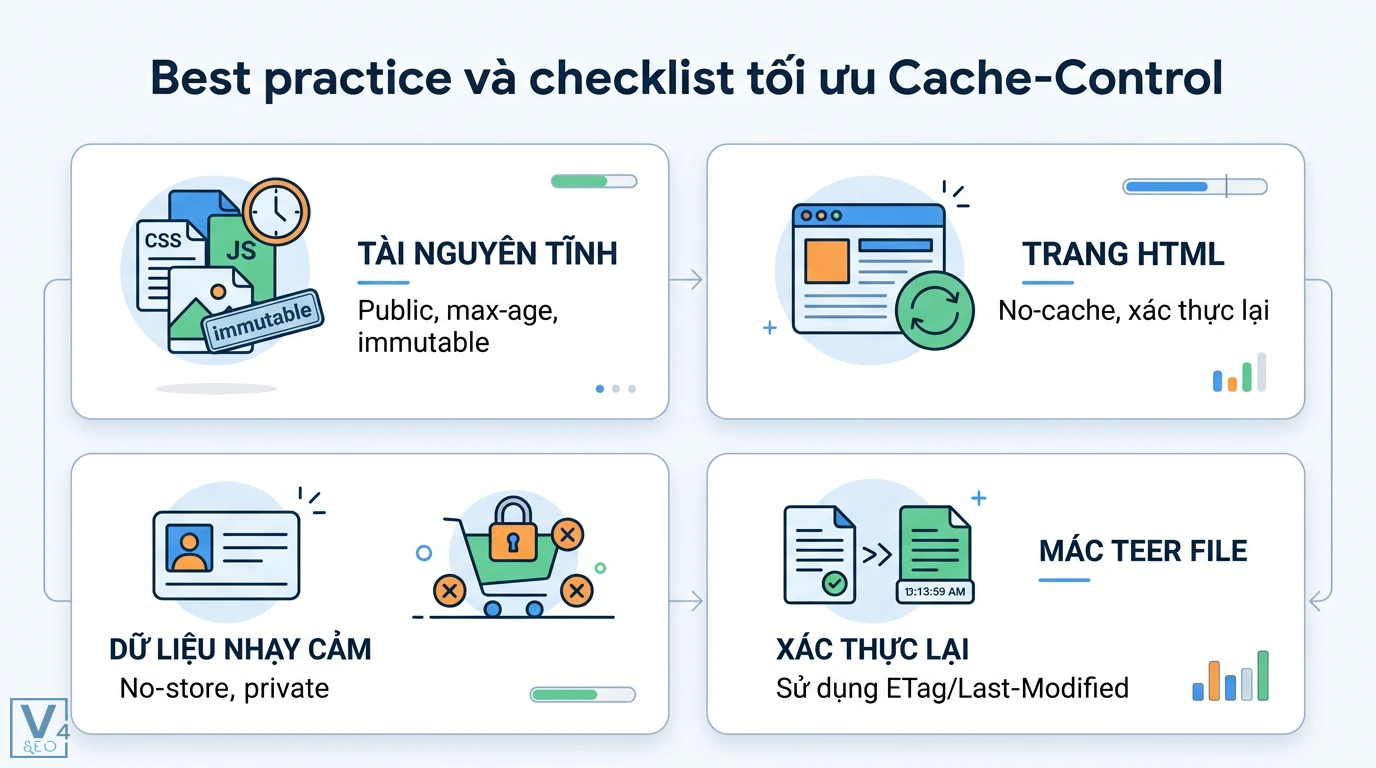 Cache-Control là gì? Hướng dẫn cấu hình và tối ưu HTTP Header 3 Checklist tối ưu Cache-Control cho tài nguyên tĩnh immutable, trang HTML no-cache, dữ liệu nhạy cảm no-store và cơ chế xác thực lại ETag
