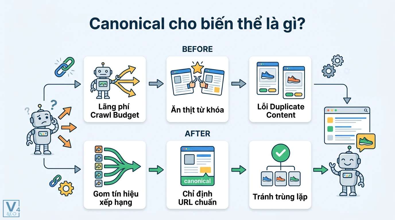 Canonical cho biến thể là gì? Cách xử lý URL động, tham số chuẩn 1 Cơ chế thẻ canonical cho biến thể giúp gom tín hiệu xếp hạng về URL chuẩn nhằm tránh lỗi trùng lặp nội dung và tối ưu crawl budget