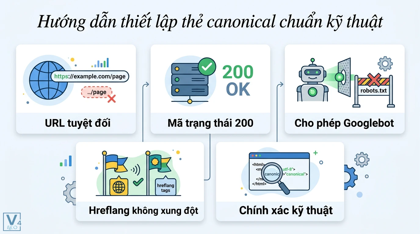 Canonical cho biến thể là gì? Cách xử lý URL động, tham số chuẩn 2 Thiết lập thẻ canonical chuẩn kỹ thuật bằng URL tuyệt đối mã trạng thái 200 cho phép Googlebot và tránh xung đột tín hiệu với thẻ hreflang