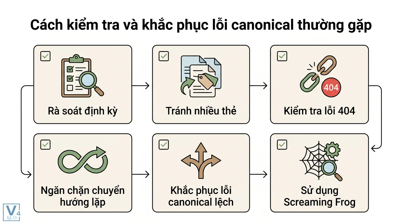 Canonical cho biến thể là gì? Cách xử lý URL động, tham số chuẩn 3 Cách kiểm tra và khắc phục lỗi canonical qua rà soát định kỳ, tránh nhiều thẻ, lỗi 404, ngăn chuyển hướng lặp và dùng Screaming Frog