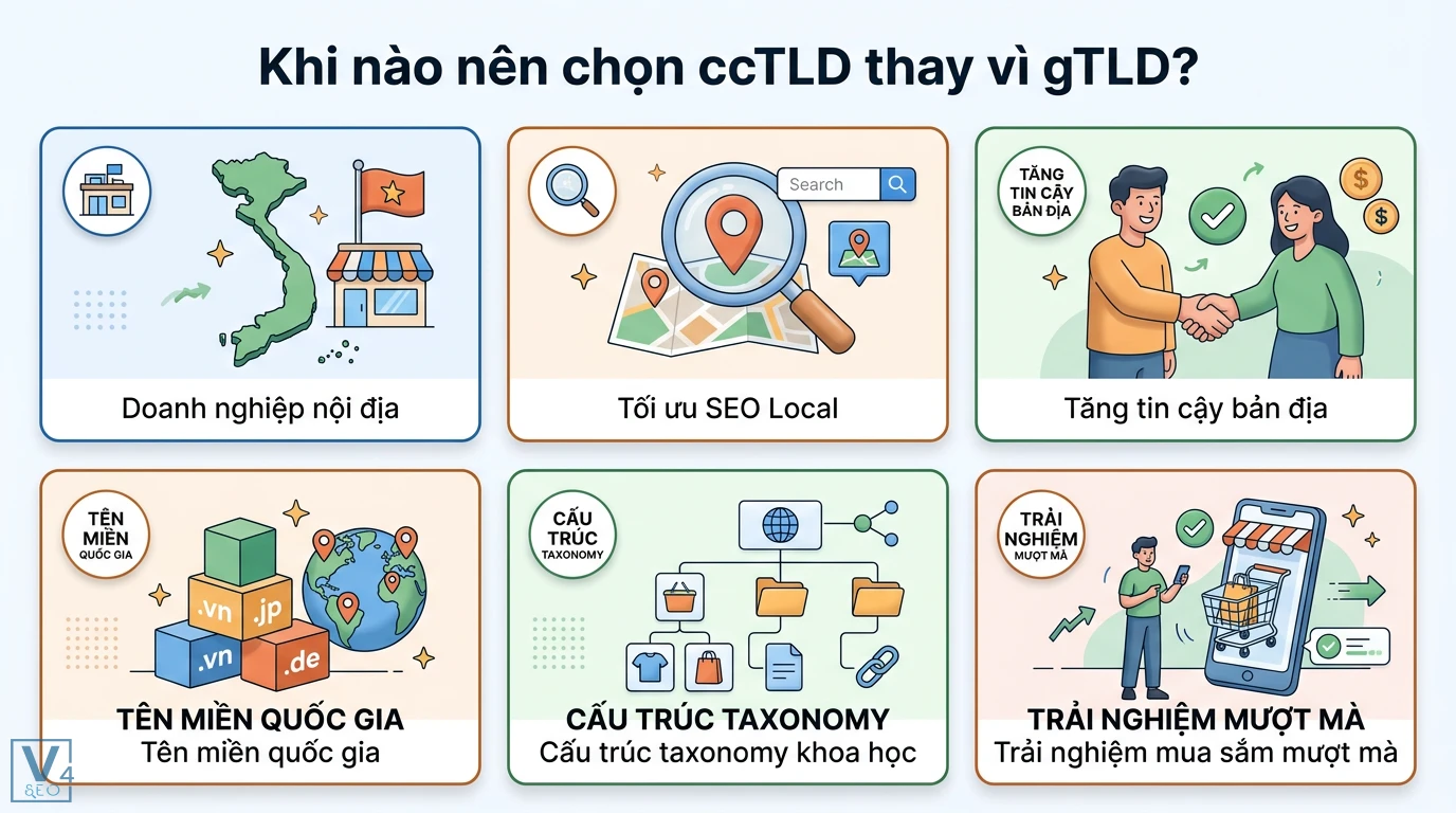 ccTLD là gì? So sánh với gTLD và cách chọn tên miền chuẩn SEO 2 ccTLD là tên miền quốc gia hai chữ cái theo tiêu chuẩn ISO 3166-1 do ICANN cấp phép và VNNIC quản lý đuôi .vn làm tín hiệu địa phương