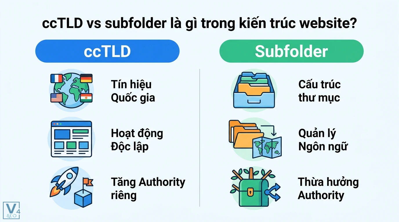 ccTLD vs subfolder là gì? Cách chọn cấu trúc SEO quốc tế tối ưu 1 Phân biệt ccTLD và subfolder trong kiến trúc website qua tín hiệu quốc gia, tính độc lập và khả năng thừa hưởng Domain Authority cho SEO