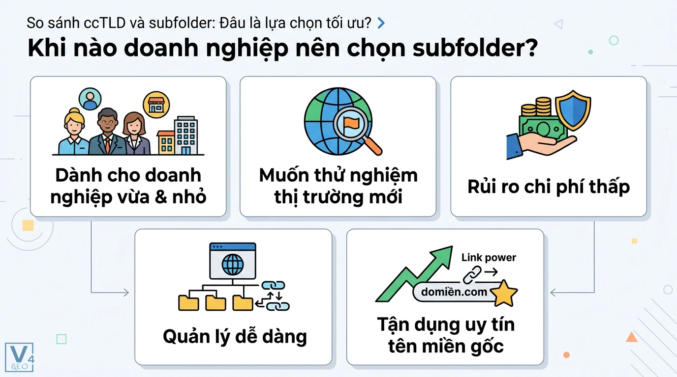ccTLD vs subfolder là gì? Cách chọn cấu trúc SEO quốc tế tối ưu 2 Lý do doanh nghiệp nên chọn subfolder để thử nghiệm thị trường mới, quản lý dễ dàng, tiết kiệm chi phí và tận dụng uy tín từ tên miền gốc