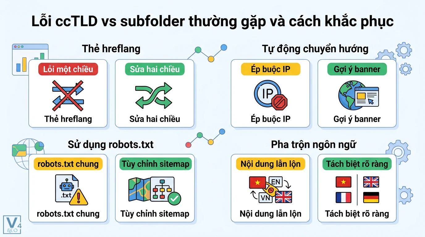 ccTLD vs subfolder là gì? Cách chọn cấu trúc SEO quốc tế tối ưu 3 Khắc phục lỗi ccTLD vs subfolder bằng thẻ hreflang hai chiều, banner gợi ý ngôn ngữ, tùy chỉnh sitemap và phân tách nội dung rõ ràng
