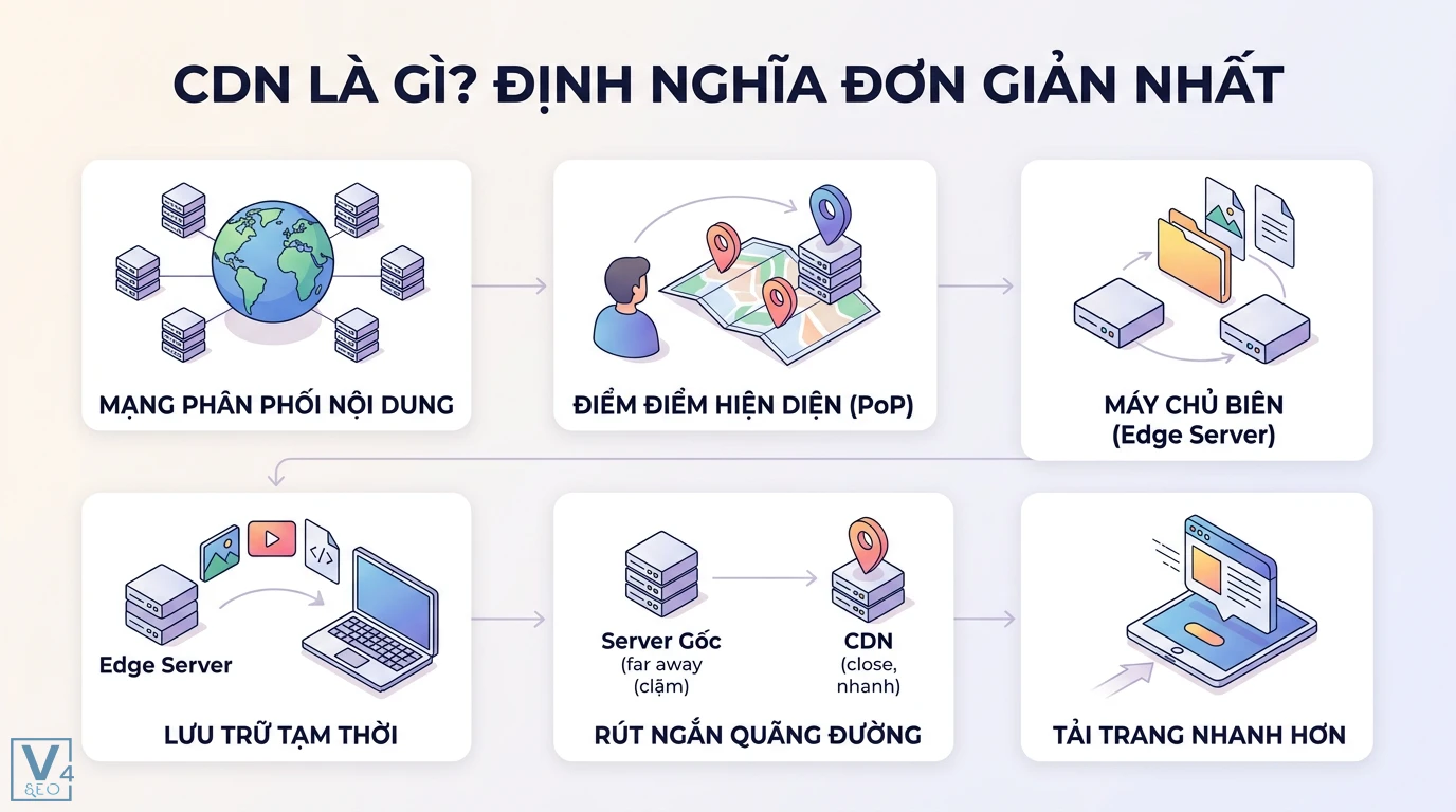 CDN là gì? Giải pháp tăng tốc website và checklist triển khai 1 CDN là mạng phân phối nội dung sử dụng máy chủ biên Edge Server và PoP giúp rút ngắn quãng đường truyền dữ liệu để website tải nhanh hơn