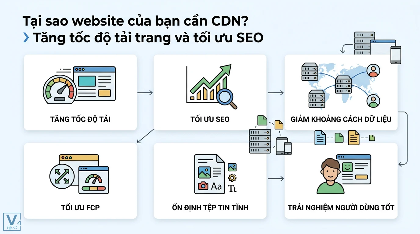 CDN là gì? Giải pháp tăng tốc website và checklist triển khai 2 Lợi ích của CDN giúp tăng tốc độ tải trang, tối ưu SEO, FCP và ổn định tệp tin tĩnh nhằm giảm khoảng cách dữ liệu và cải thiện trải nghiệm