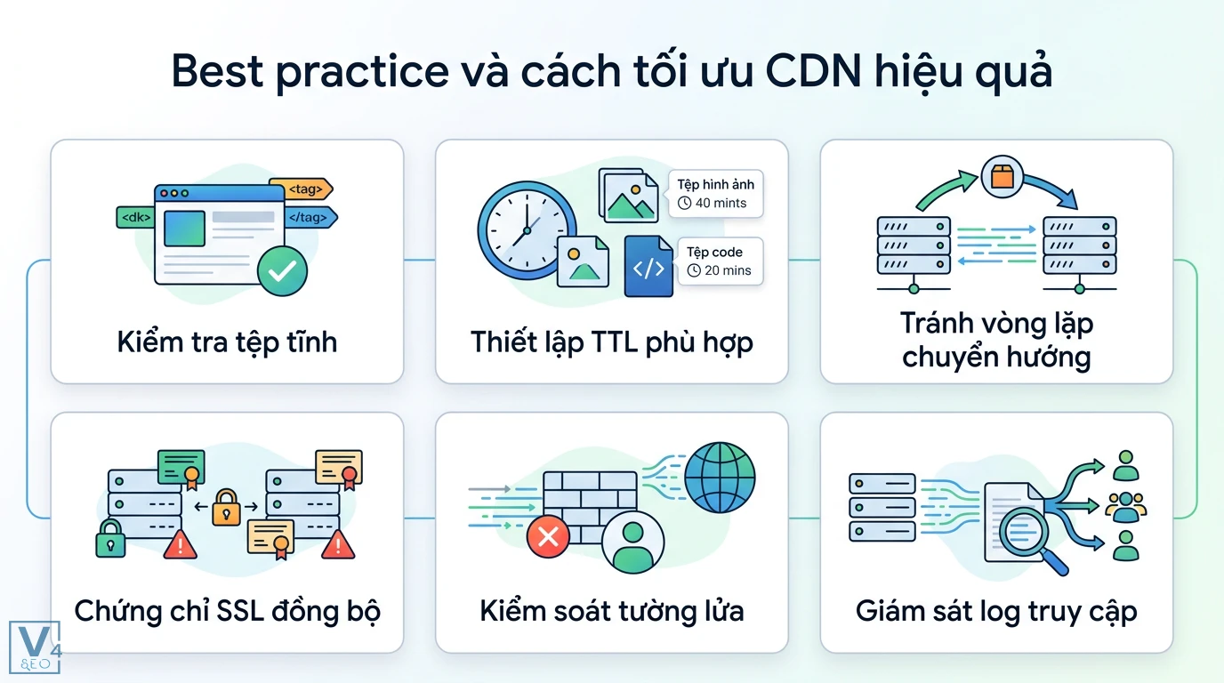 CDN là gì? Giải pháp tăng tốc website và checklist triển khai 3 Cách tối ưu CDN hiệu quả qua kiểm tra tệp tĩnh, thiết lập TTL, đồng bộ chứng chỉ SSL, kiểm soát tường lửa và giám sát log truy cập