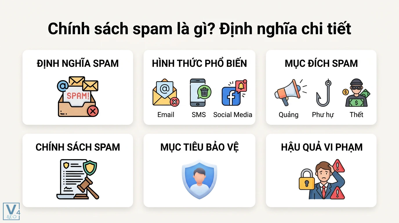 Chính sách spam là gì? Quy định Google và đạo luật CAN-SPAM 1 Chính sách spam định nghĩa hình thức email sms mạng xã hội mục đích quảng cáo lừa đảo và quy định bảo vệ người dùng cùng hậu quả vi phạm