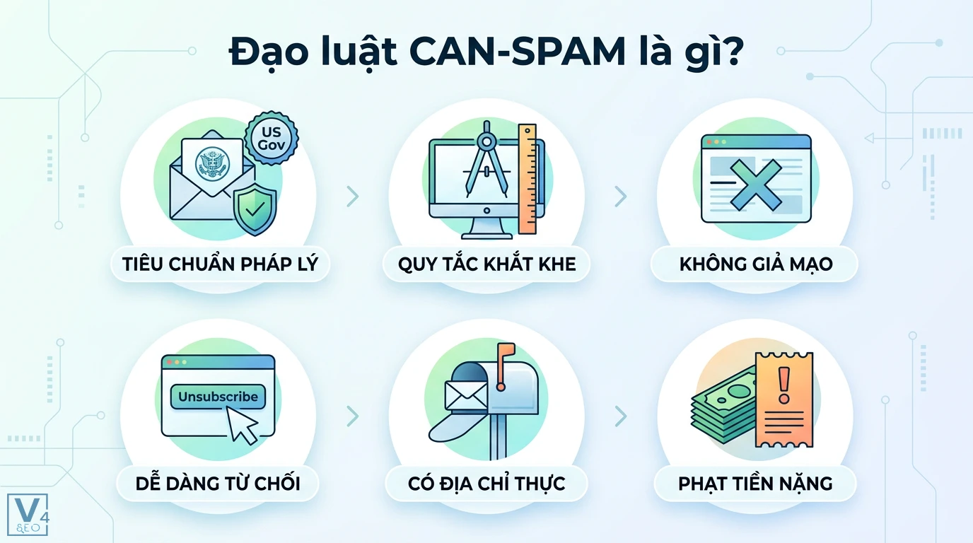 Chính sách spam là gì? Quy định Google và đạo luật CAN-SPAM 2 Đạo luật CAN-SPAM quy định về email thương mại gồm không giả mạo, dễ dàng từ chối nhận thư, có địa chỉ thực và các mức phạt tiền nặng