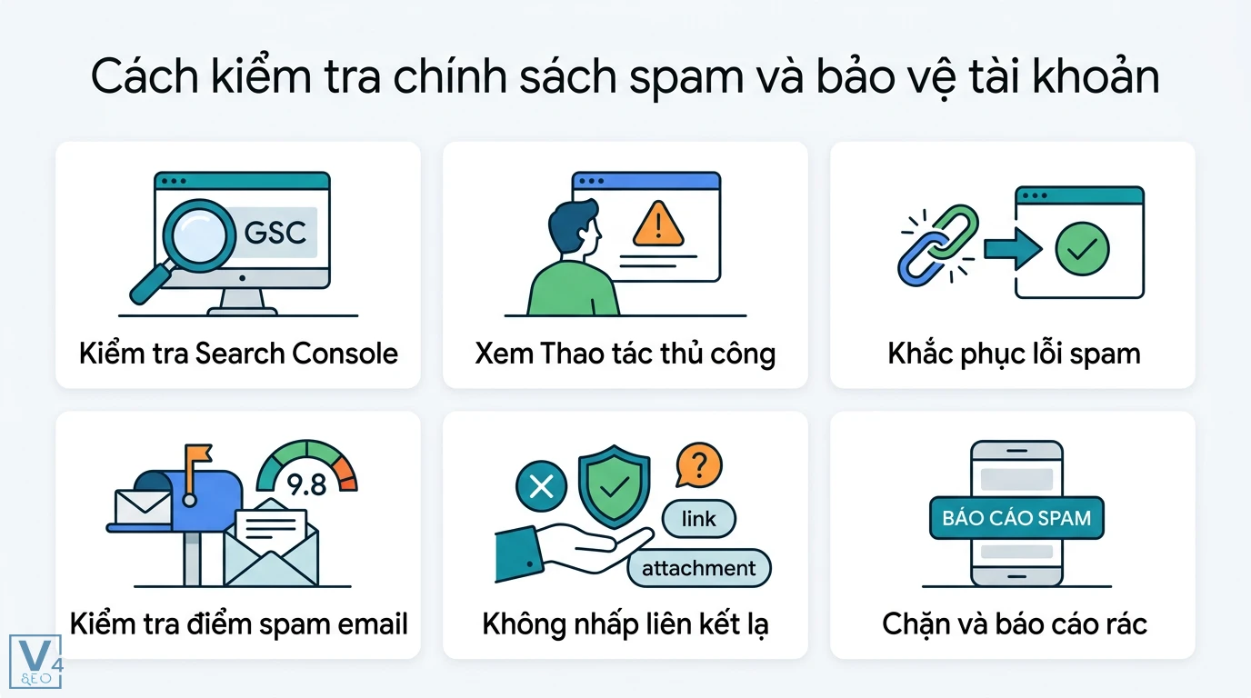 Chính sách spam là gì? Quy định Google và đạo luật CAN-SPAM 3 Kiểm tra chính sách spam qua Search Console, xử lý thao tác thủ công, tính điểm email, lọc liên kết lạ và chặn báo cáo rác bảo vệ tài khoản