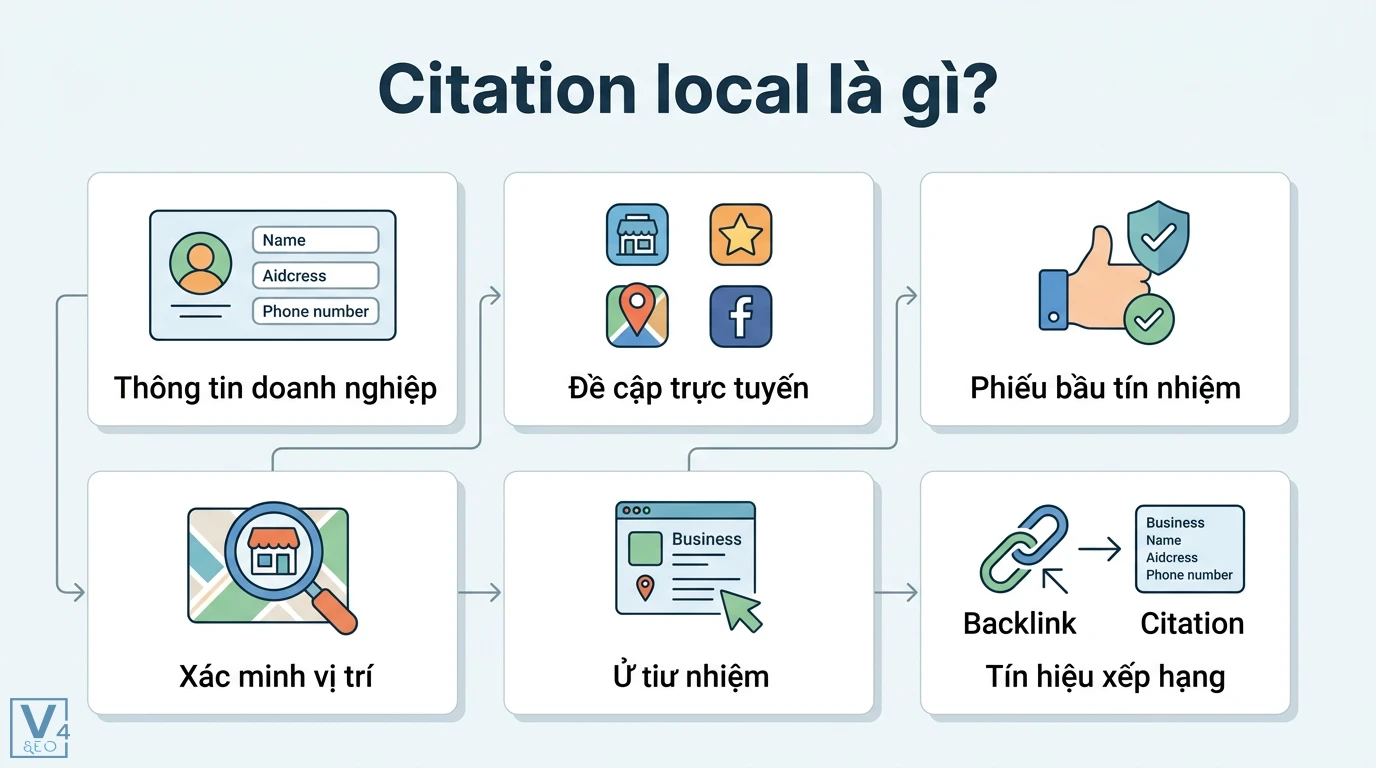 Citation local là gì? Cách tối ưu NAP chuẩn SEO mới nhất năm 2026 1 Citation local gồm thông tin NAP và đề cập trực tuyến giúp xác minh vị trí cùng phiếu bầu tín nhiệm cho tín hiệu xếp hạng SEO địa phương