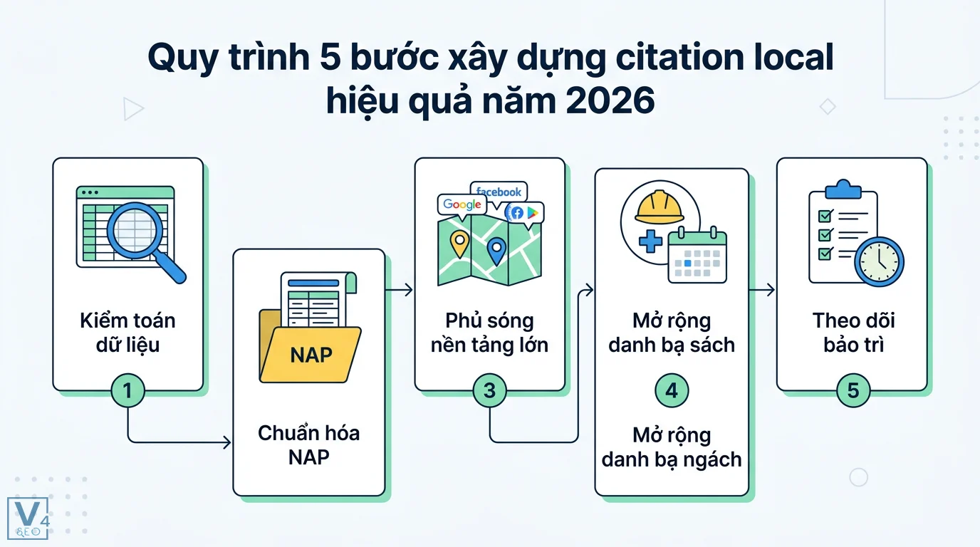 Citation local là gì? Cách tối ưu NAP chuẩn SEO mới nhất năm 2026 2 Xây dựng citation local qua 5 bước kiểm toán dữ liệu, chuẩn hóa NAP, phủ sóng nền tảng lớn, mở rộng danh bạ ngách và theo dõi bảo trì định kỳ