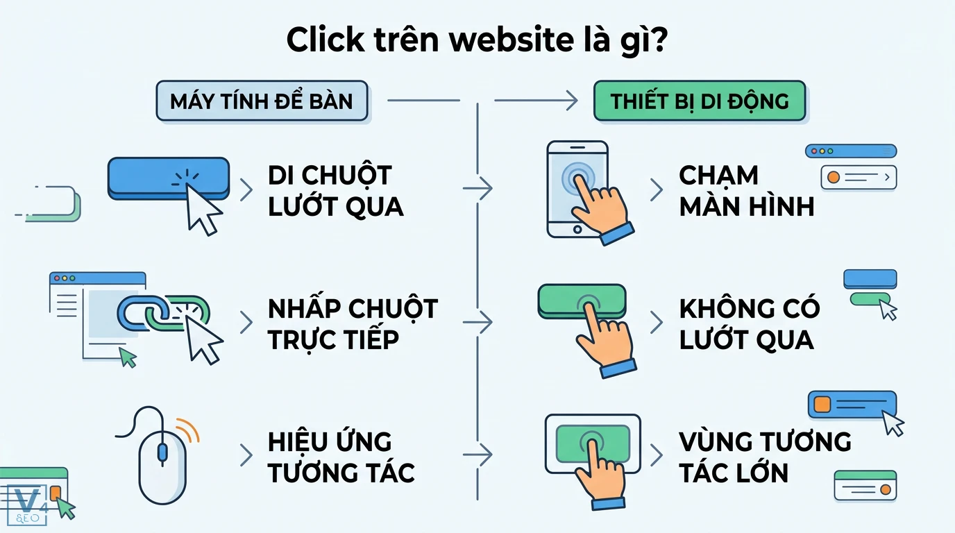 Click website là gì? Ý nghĩa lượt click trong UX và chuyển đổi 1 Click trên website qua thao tác di chuột, nhấp trực tiếp trên máy tính và chạm màn hình, vùng tương tác lớn trên thiết bị di động