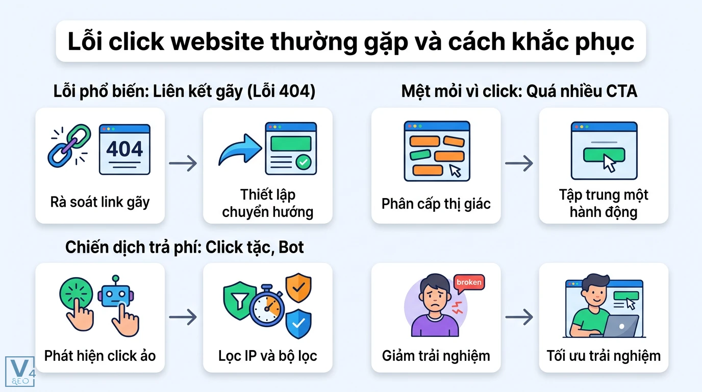 Click website là gì? Ý nghĩa lượt click trong UX và chuyển đổi 3 Khắc phục lỗi click website bằng cách sửa liên kết gãy 404, tối ưu hệ thống CTA và chặn click tặc từ bot để nâng cao trải nghiệm người dùng