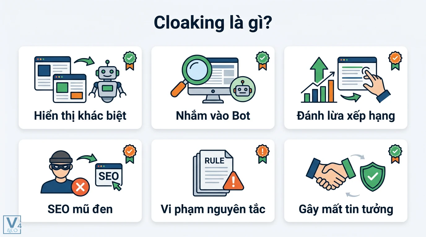 Cloaking là gì? Kỹ thuật SEO mũ đen và rủi ro từ AI Cloaking 1 Cloaking SEO mũ đen hiển thị nội dung khác biệt cho bot nhằm đánh lừa xếp hạng, vi phạm nguyên tắc và gây mất tin tưởng cho người dùng