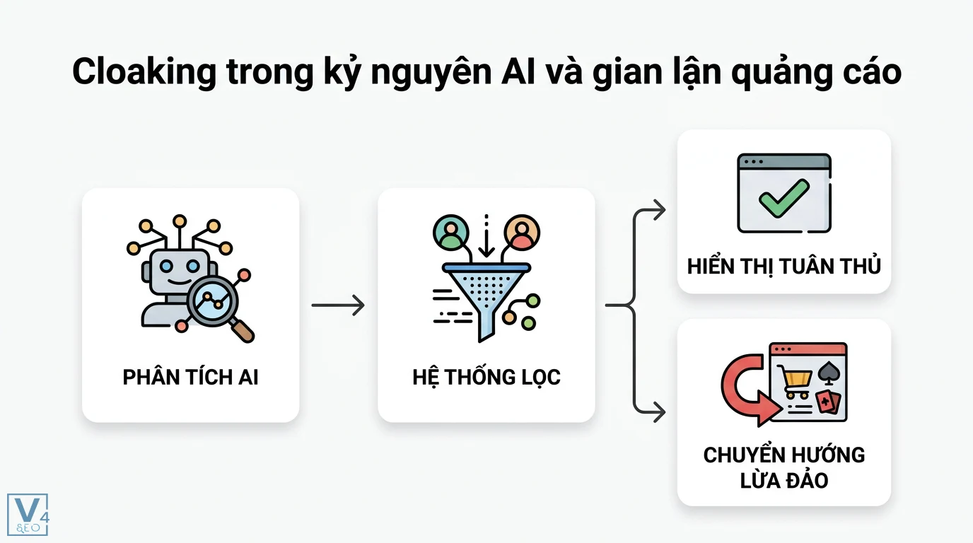 Cloaking là gì? Kỹ thuật SEO mũ đen và rủi ro từ AI Cloaking 2 Cơ chế cloaking AI phân tích hành vi qua hệ thống lọc để hiển thị trang tuân thủ hoặc chuyển hướng người dùng đến các nền tảng lừa đảo