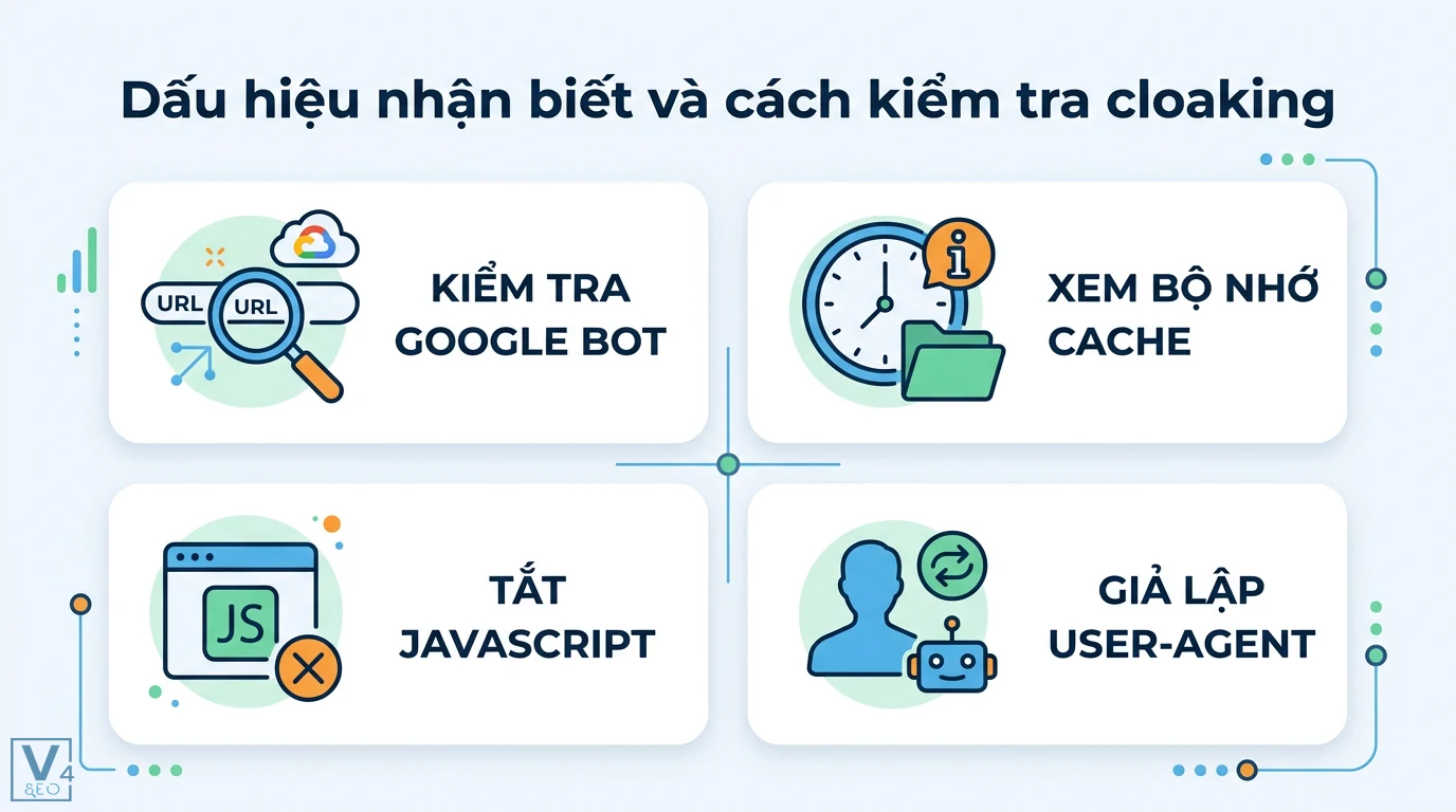 Cloaking là gì? Kỹ thuật SEO mũ đen và rủi ro từ AI Cloaking 3 Cách kiểm tra cloaking bằng URL Inspection, xem bộ nhớ cache, tắt JavaScript và giả lập User-Agent để phát hiện sự sai lệch nội dung trên website