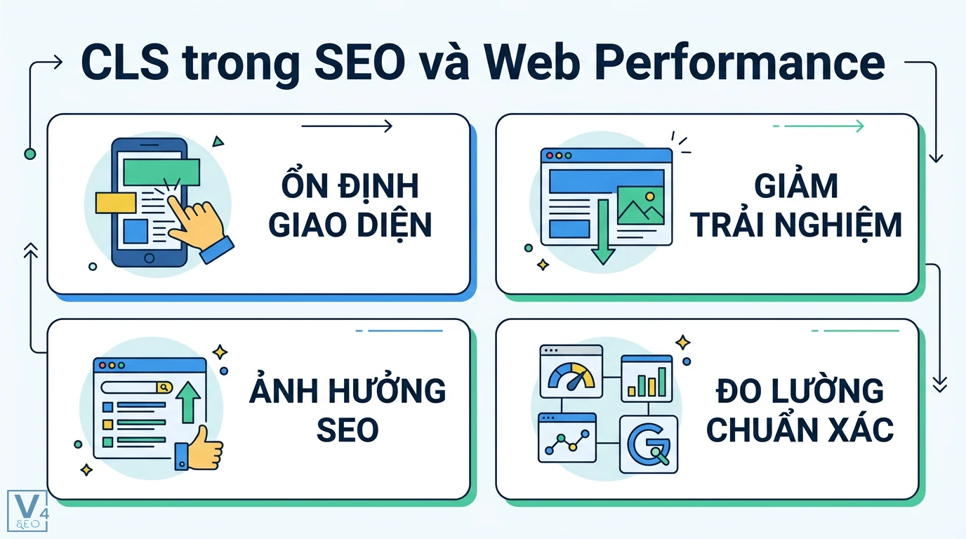 CLS là gì? Ý nghĩa Cumulative Layout Shift và cách tối ưu UX/SEO 1 CLS trong SEO và Web Performance liên quan đến ổn định giao diện, trải nghiệm người dùng, ảnh hưởng SEO và đo lường chuẩn xác