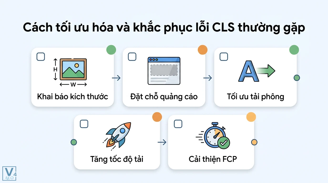 CLS là gì? Ý nghĩa Cumulative Layout Shift và cách tối ưu UX/SEO 2 Quy trình khắc phục lỗi CLS gồm khai báo kích thước tài nguyên, đặt chỗ quảng cáo, tối ưu tải phông, tăng tốc độ tải và cải thiện chỉ số FCP