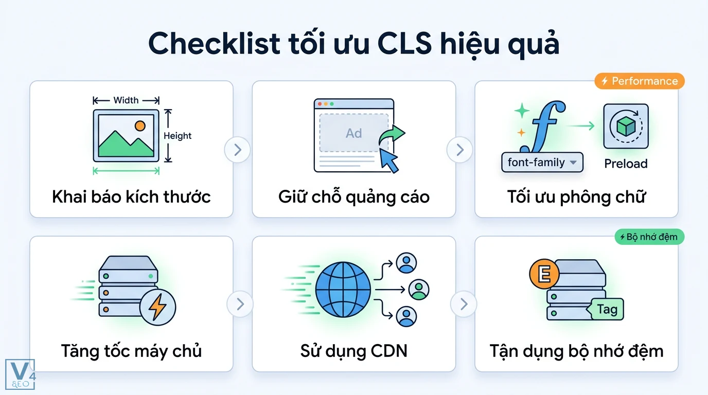 CLS là gì? Ý nghĩa Cumulative Layout Shift và cách tối ưu UX/SEO 3 Tối ưu hóa CLS thông qua khai báo kích thước, giữ chỗ quảng cáo, tối ưu phông chữ, tăng tốc máy chủ, sử dụng CDN và bộ nhớ đệm
