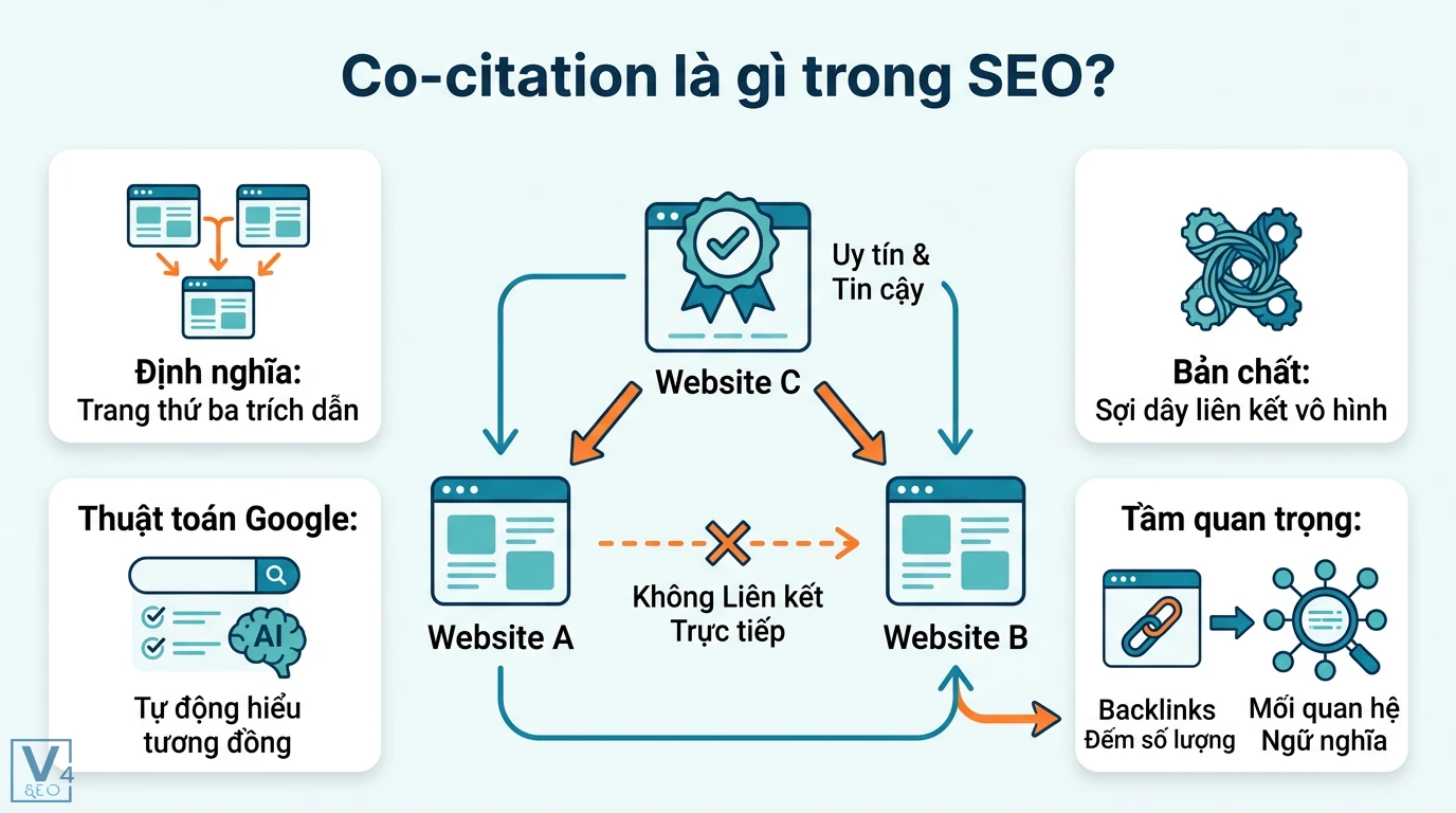 Co-citation là gì? Phân biệt Co-occurrence và cách tối ưu SEO 1 Cơ chế Co-citation khi Website C trích dẫn Website A và B giúp thuật toán Google xác định sự tương đồng và mối quan hệ ngữ nghĩa giữa các thực thể