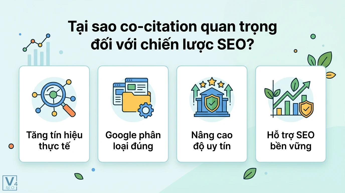 Co-citation là gì? Phân biệt Co-occurrence và cách tối ưu SEO 2 Co-citation giúp tăng tín hiệu thực tế, hỗ trợ Google phân loại đúng, nâng cao độ uy tín và phát triển chiến lược SEO bền vững
